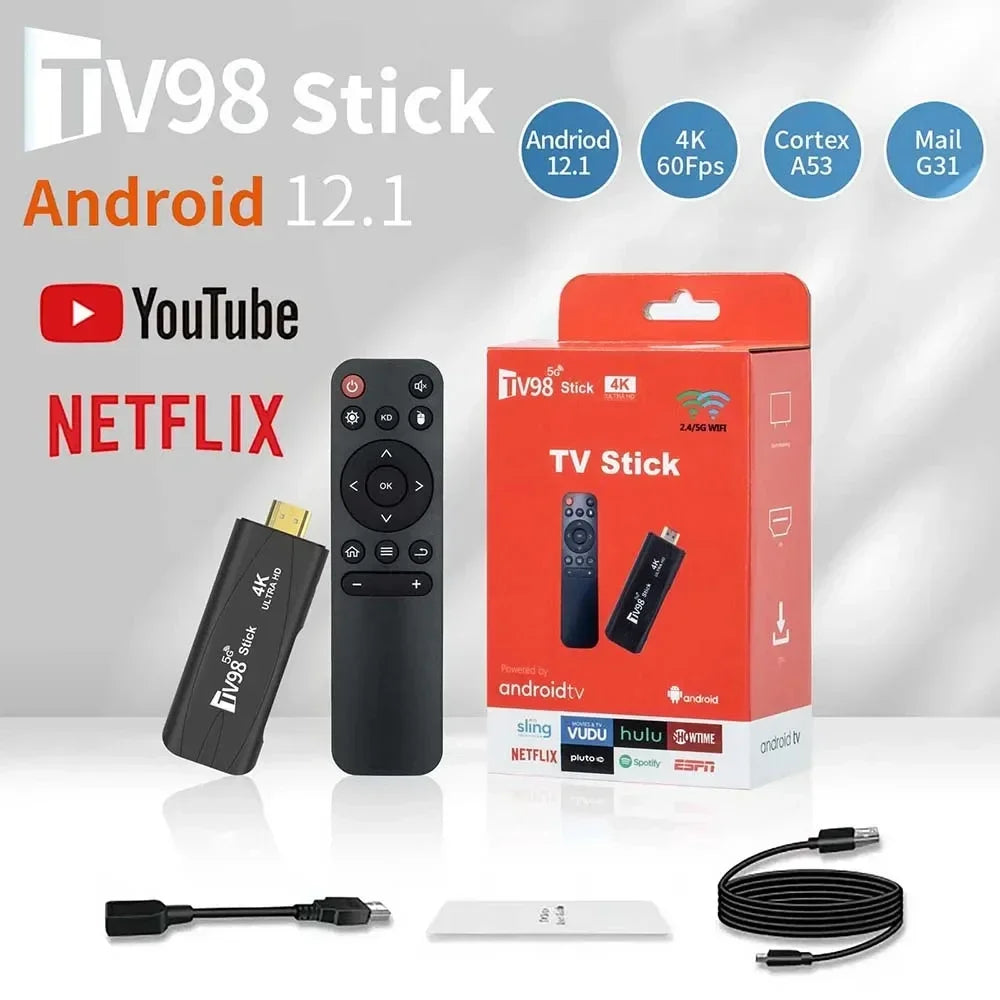 TV98 RK3228A TV Stick 2.4G 5G WiFi 4K Smart TV Android12.1 Box Dual Frequency TV Box Portable Media Player for Youtube NETFLIX